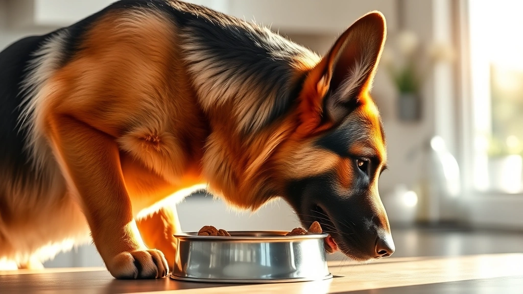 age-appropriate feeding frequency -
Photorealistic image of an adult German Shepherd eating from a stainless steel