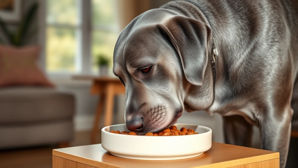 age-appropriate feeding frequency -
Photorealistic image of a senior gray-muzzled Labrador eating from an elevated