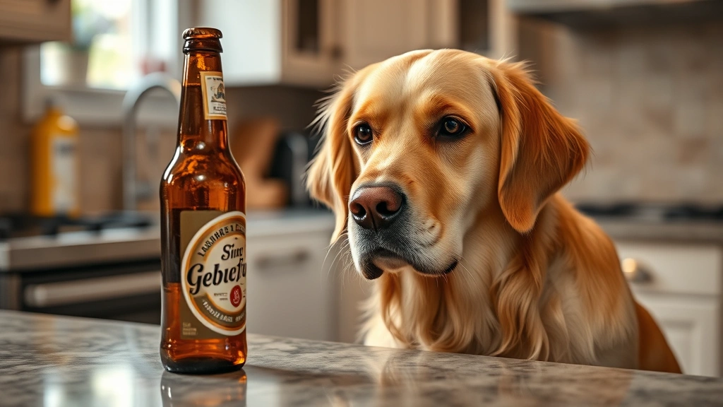 alcohol and pets -
showing a worried golden retriever looking at a beer bottle on a kitchen counte