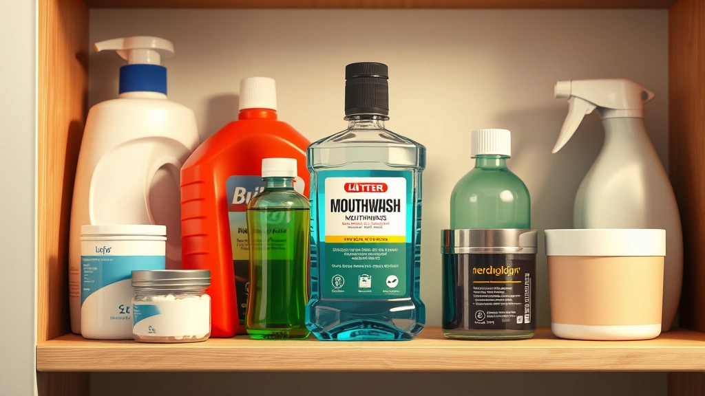 alcohol and pets -
Photorealistic image of household items arranged on a shelf including mouthwash
