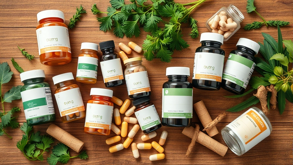 allergy season supplements -
Photorealistic flat lay of various pet supplement bottles and capsules arranged
