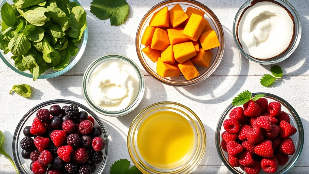 anti-inflammatory foods for pets -
Photorealistic overhead shot of various anti-inflammatory pet foods including l