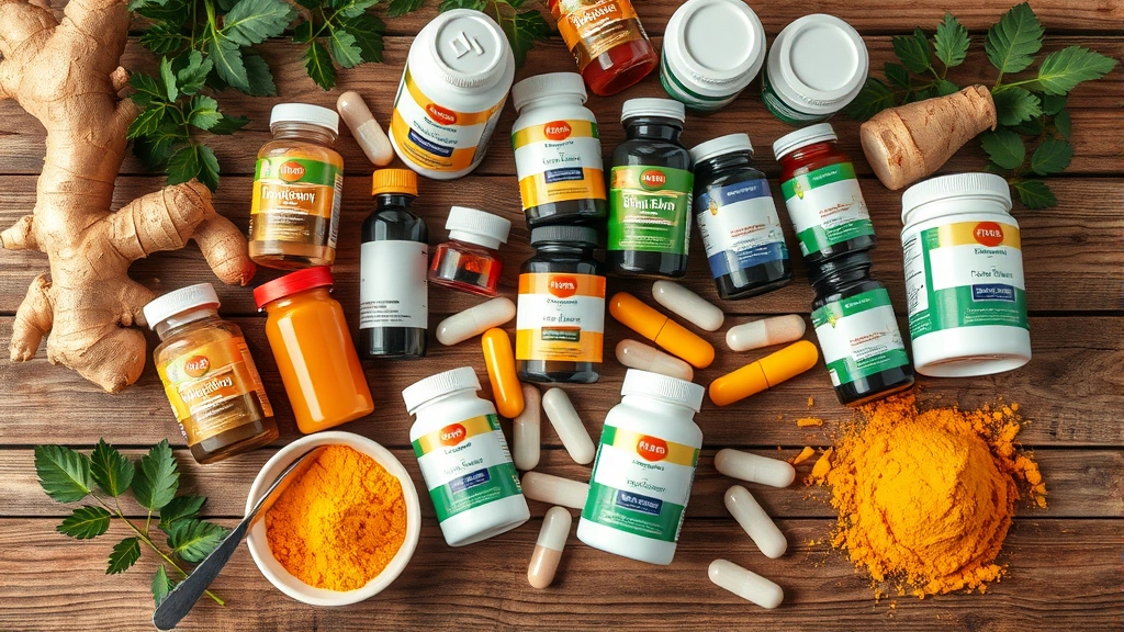 anti-inflammatory supplements for cats -
Photorealistic overhead view of various supplement bottles and capsules arrange