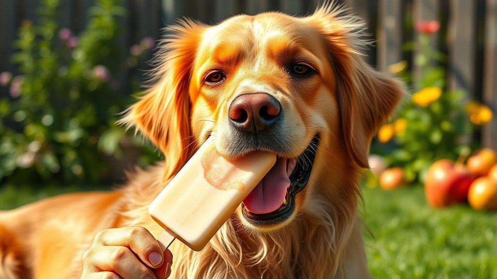 apple treat recipes for pets -
Photorealistic image of a golden retriever happily eating a frozen apple yogurt