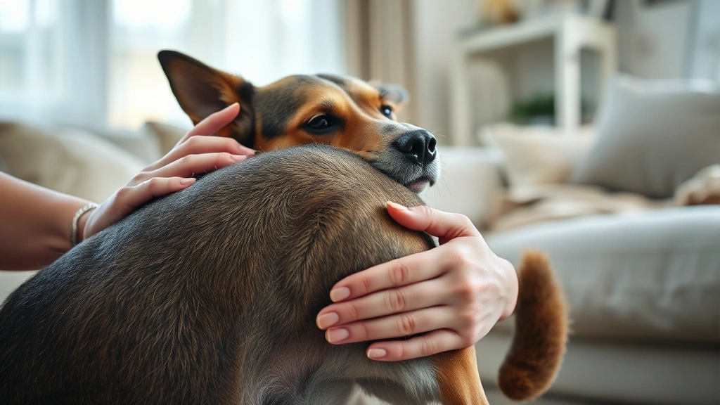 at-home pet treatments -
Photorealistic close-up of a senior dog receiving gentle massage on its back le