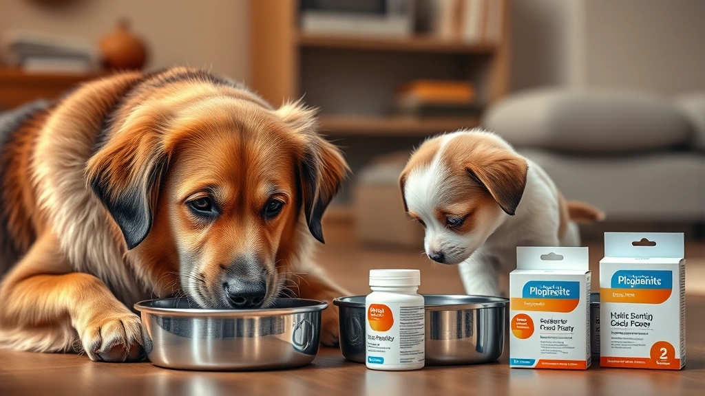 automatic pet supplement delivery -
Photorealistic image of a senior dog and young puppy together eating from bowls