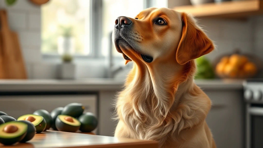 avocado and pets -
Photorealistic image of a golden Labrador Retriever sitting near a kitchen coun