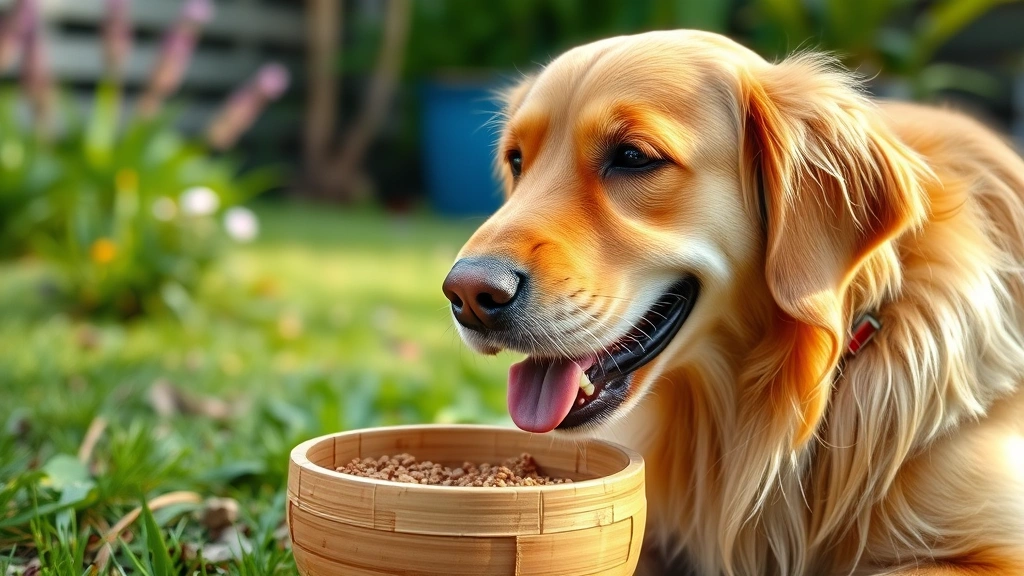bamboo pet products -
Photorealistic close-up of a happy golden retriever eating from a bamboo bowl o