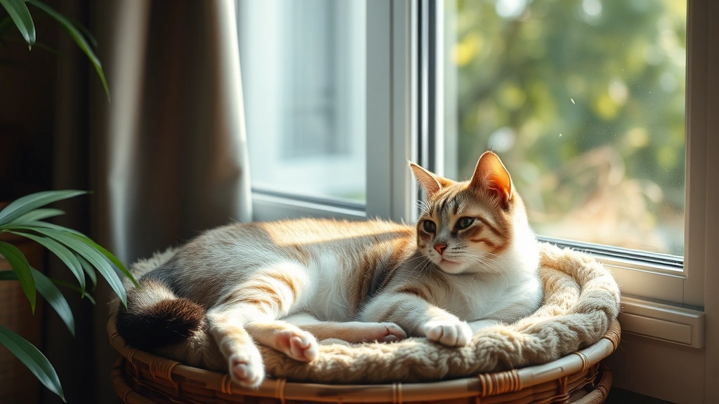 bamboo pet products -
Photorealistic image of a cozy cat resting on bamboo pet bedding near a window