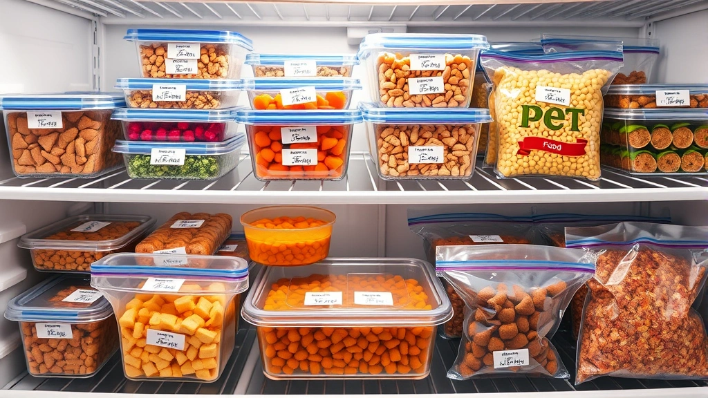 batch cooking feeding schedule -
Photorealistic image of labeled frozen pet food portions in clear glass contain