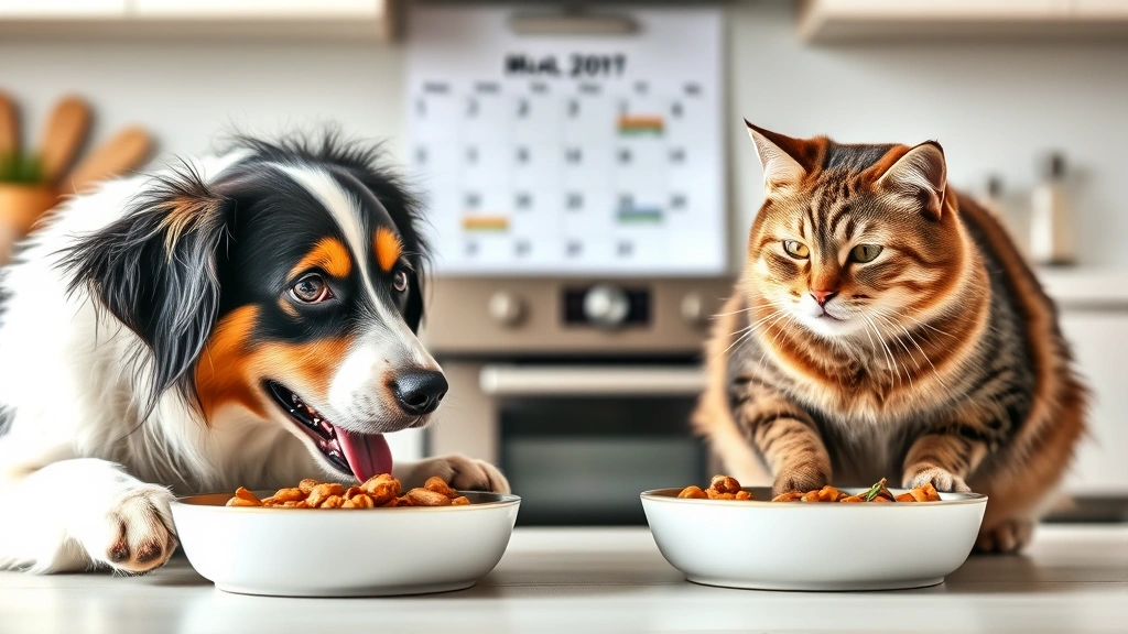batch cooking feeding schedule -
Photorealistic image of a happy healthy dog and cat eating from their bowls sid