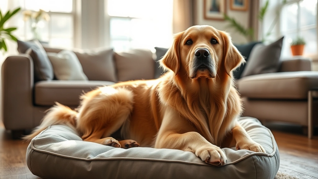 behavioral support supplements -
focused golden retriever sitting peacefully on a comfortable dog bed in a sunli