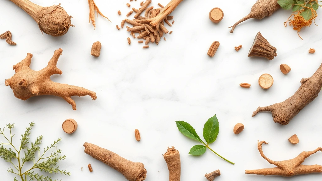 behavioral support supplements -
and herbal adaptogen roots arranged on a white marble surface
