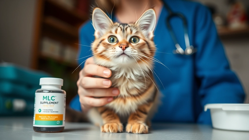 behavioral support supplements -
showing the supplement bottle and a happy feline in a home veterinary setting
