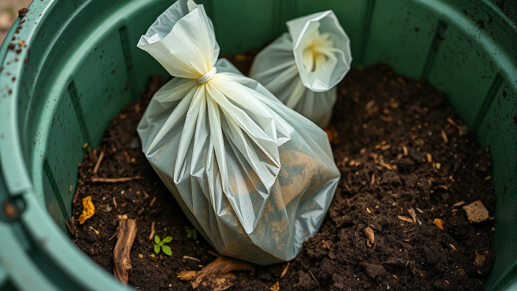 biodegradable pet waste bags -
Photorealistic close-up of biodegradable pet waste bags being composted in a gr
