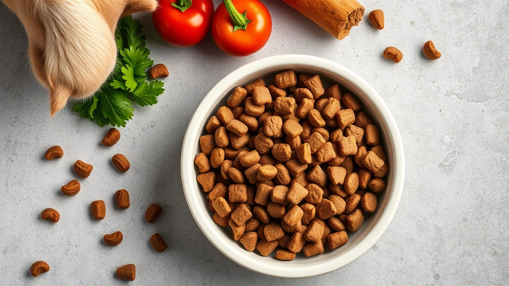 black soldier fly protein -
Photorealistic overhead shot of premium pet kibble made with insect protein in