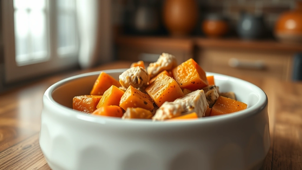 bland diet recipes for sick pets -
Photorealistic close-up of a ceramic pet bowl containing turkey and sweet potat