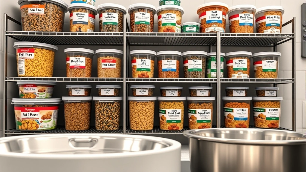 boarding facility feeding instructions -
Photorealistic image of organized pet food containers labeled with names and po
