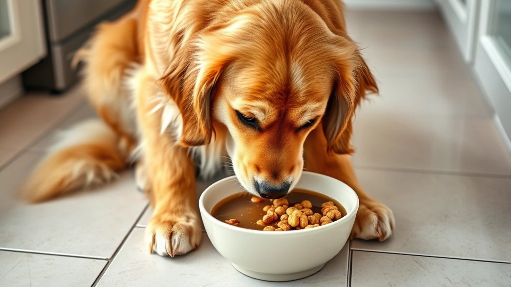 bone broth recipes for pets -
Photorealistic image of a happy golden retriever with glossy coat eating from a