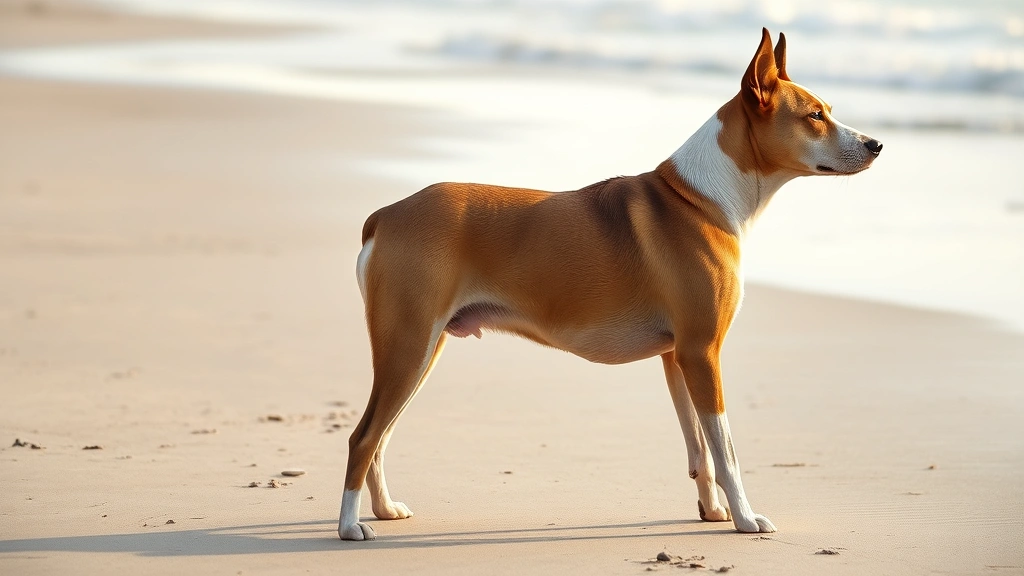 bone health supplements -
Photorealistic side-view of a senior dog standing confidently on a beach with c
