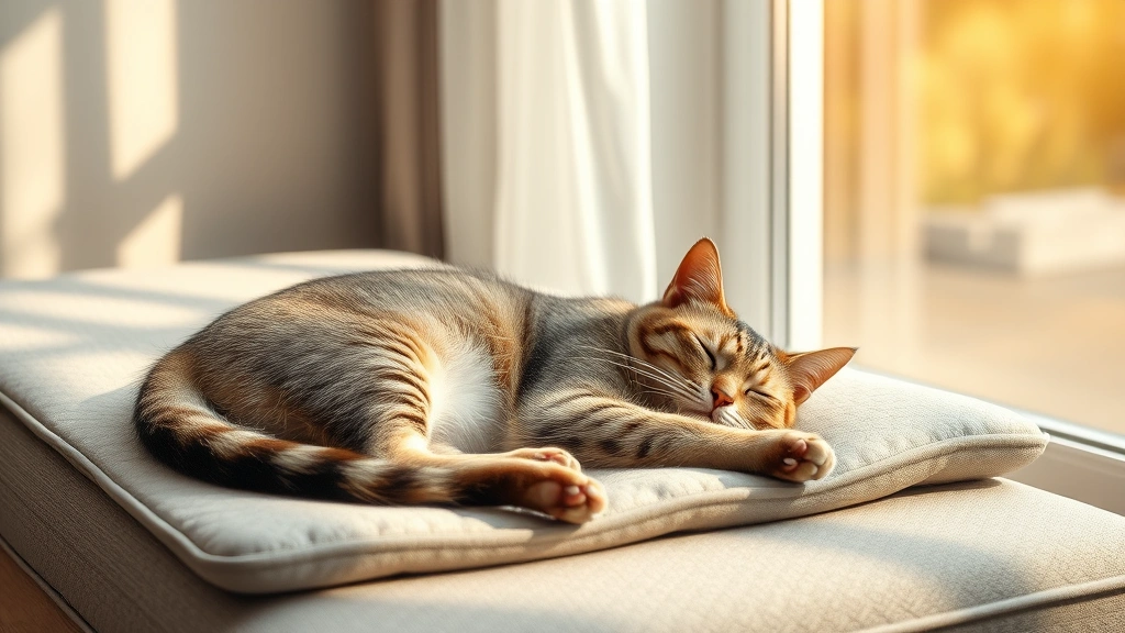 brain health for aging pets -
Photorealistic image of an elderly cat sleeping peacefully on a comfortable ort