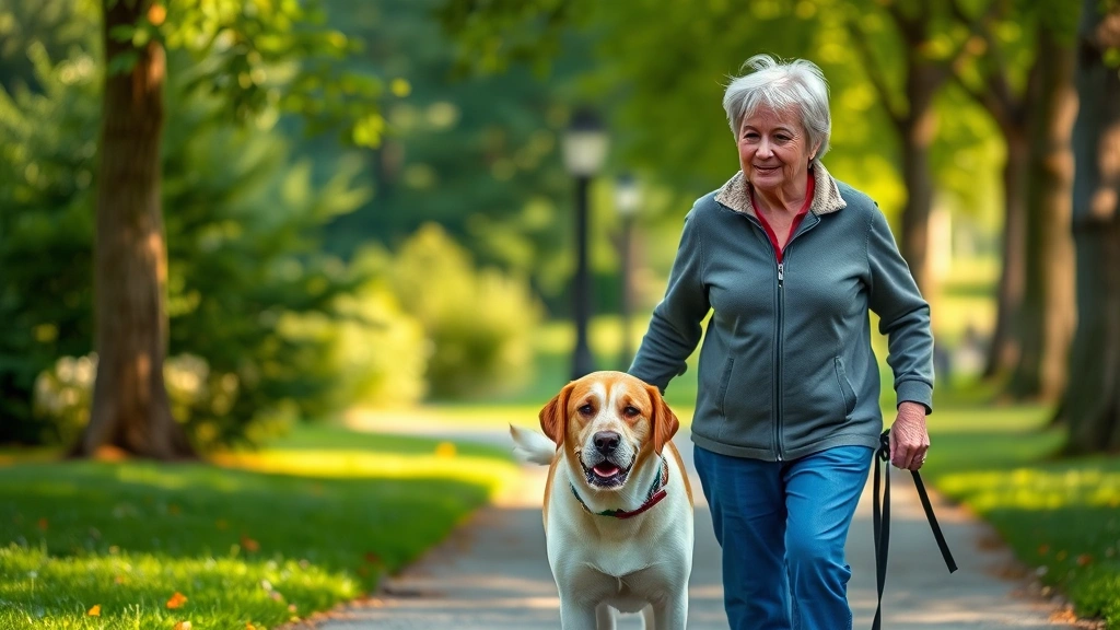 brain health for aging pets -
Photorealistic image of a senior dog and owner on a gentle walk in a park, both