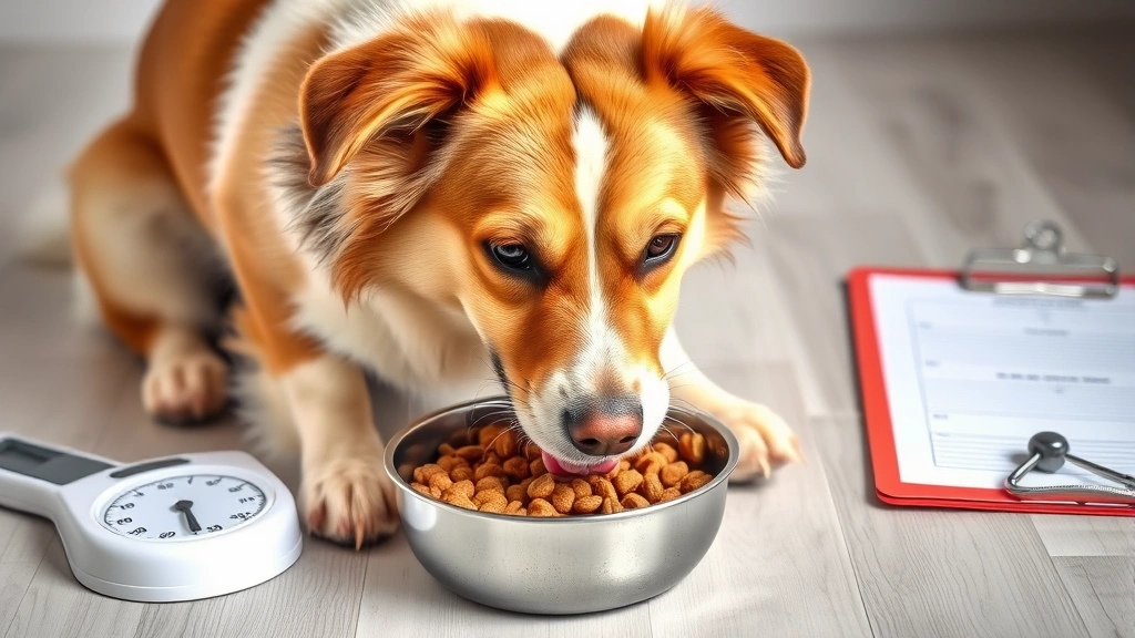 breed-specific feeding charts -
Photorealistic style: A happy healthy dog of mixed size breed eating from a mea