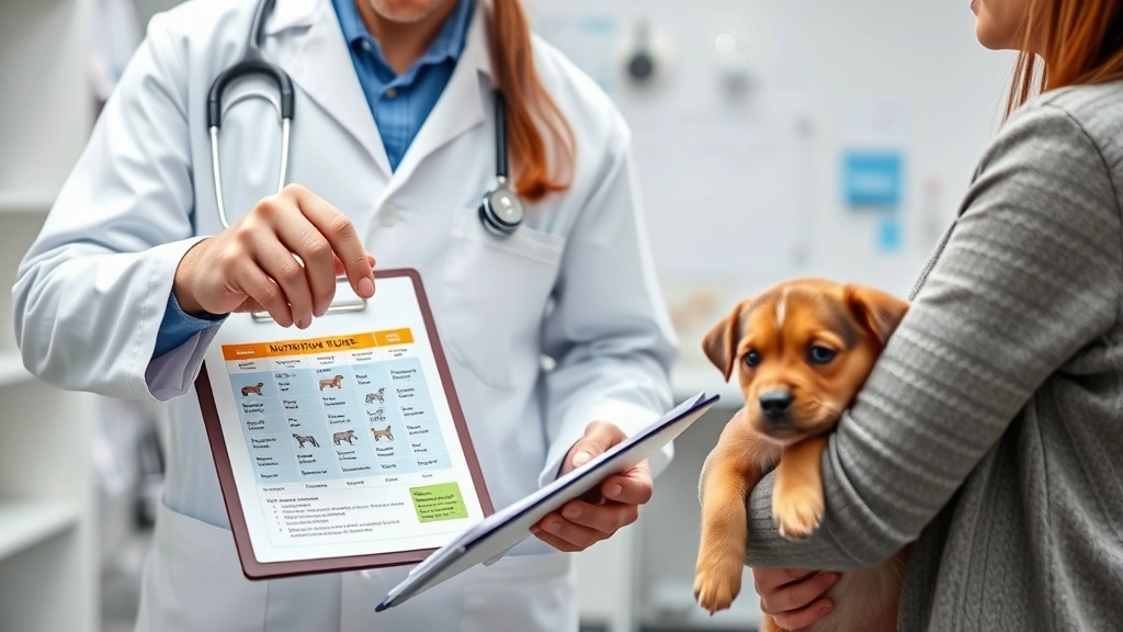 breed-specific feeding charts -
Photorealistic style: A veterinarian pointing to a breed nutrition guide chart 