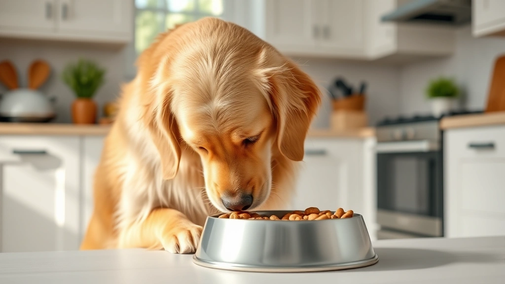 breed specific feeding needs -
Photorealistic image of a senior golden retriever eating from an elevated food 