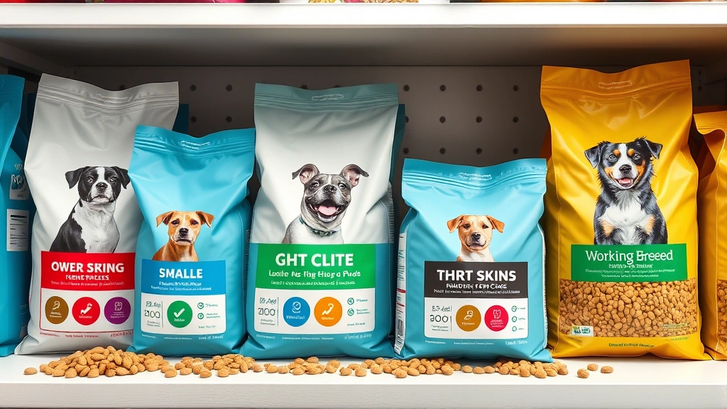 breed specific feeding needs -
Photorealistic image of various breed-specific dog food bags and kibble types a