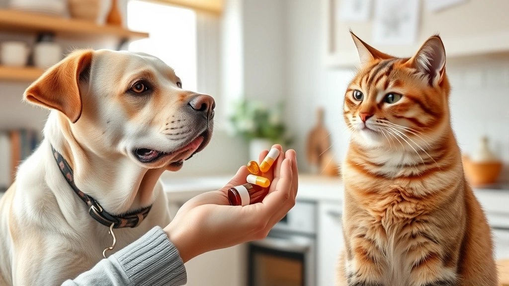 budget-friendly pet supplements -
Photorealistic image of a senior dog and cat receiving supplements from their o