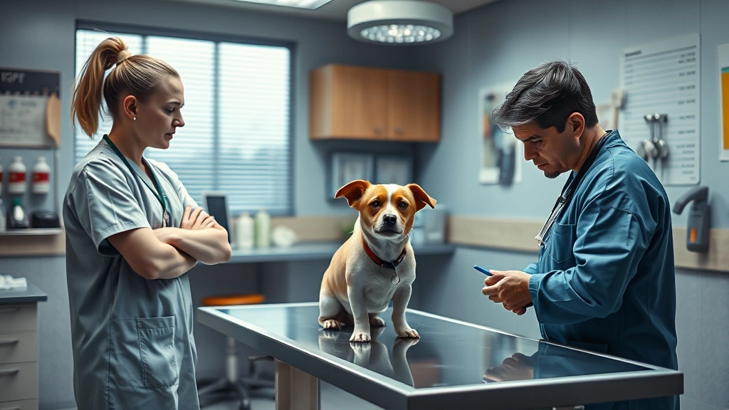 caffeine and pets -
Photorealistic image of a veterinary clinic interior with a vet examining a sma