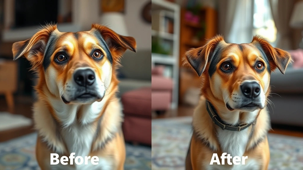 calming chews for dogs -
Photorealistic image of a anxious-looking mixed breed dog before and after, spl