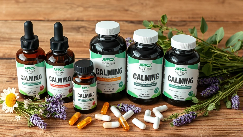 calming collars supplements -
Photorealistic image of various pet calming supplement bottles and capsules arr