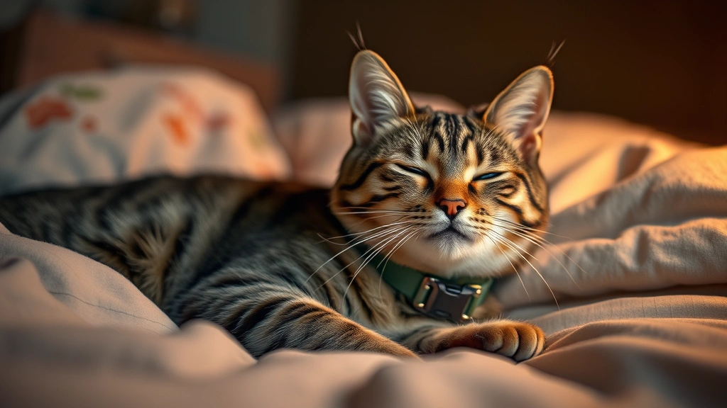 calming collars supplements -
Photorealistic photo of a content tabby cat wearing a calming collar, lounging 