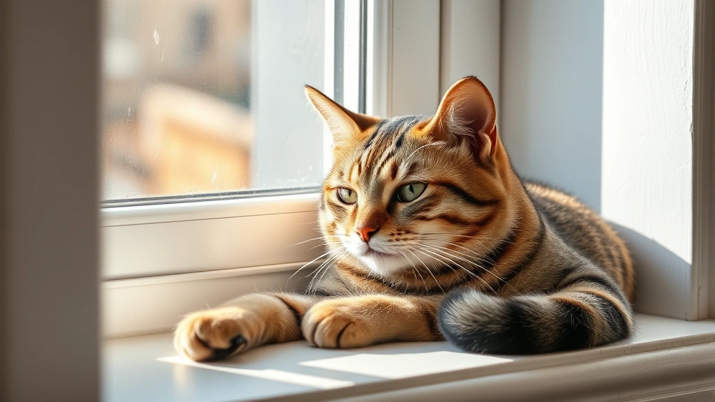calming spray supplements -
Photorealistic image of a relaxed tabby cat lounging on a window sill with soft
