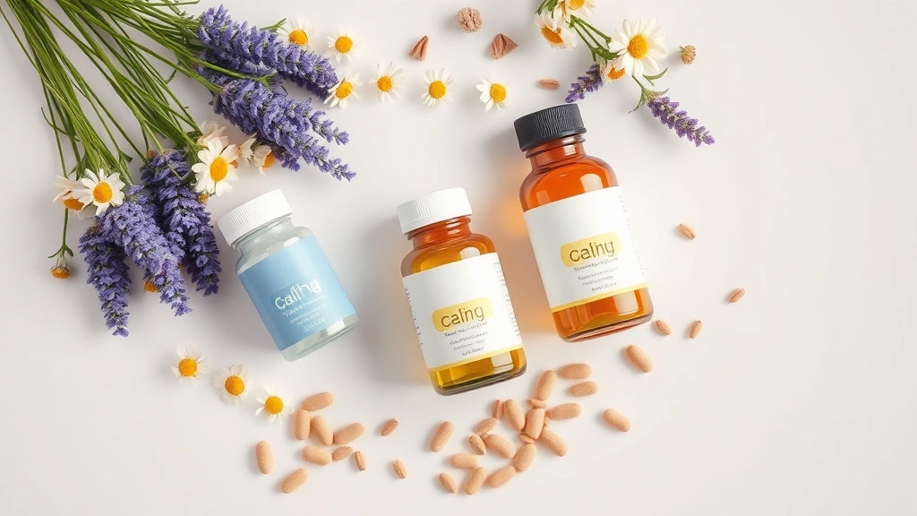 calming spray supplements -
Photorealistic flat lay of calming pet supplement bottles and natural ingredien