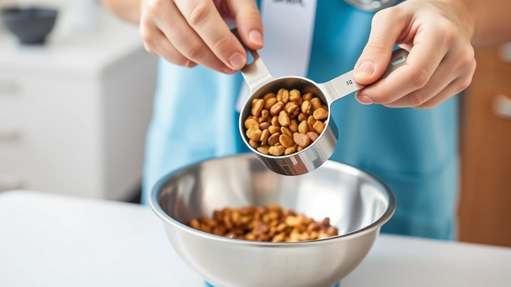 caloric needs for dogs -
A veterinarian measuring kibble portions into a stainless steel bowl with a mea