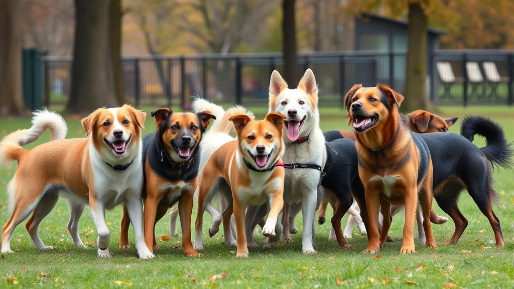caloric needs for dogs -
A group of diverse dog breeds of different sizes playing together in a park
