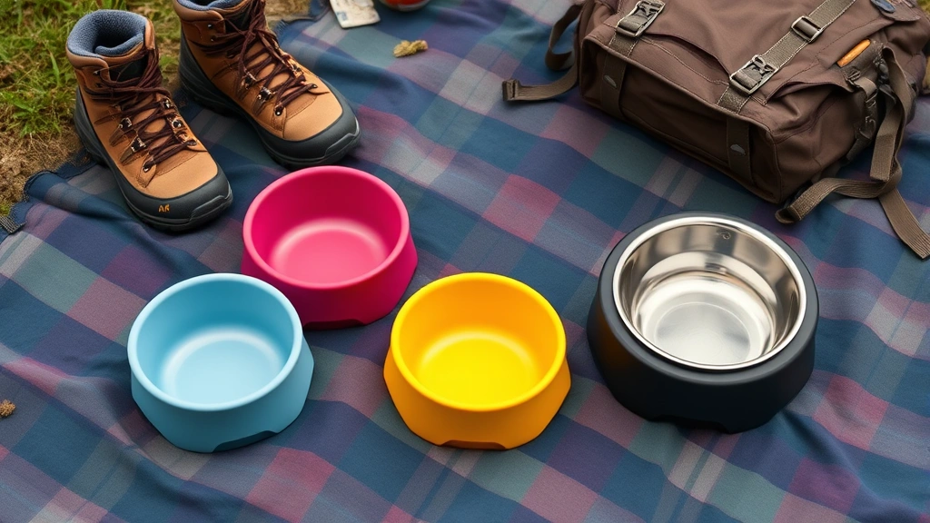camping feeding solutions -
Photorealistic overhead shot of various colorful camping pet bowls (silicone, s