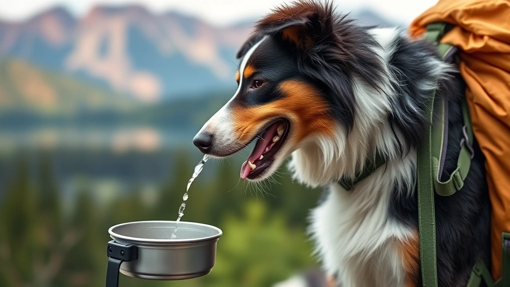camping feeding solutions -
Photorealistic image of a happy border collie drinking fresh water from a porta