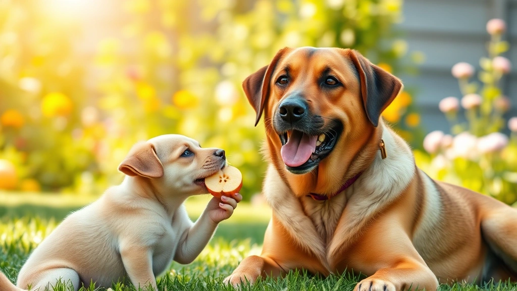 can dogs eat apples -
A small dog and large dog sharing apple treats outdoors in a sunny garden, phot