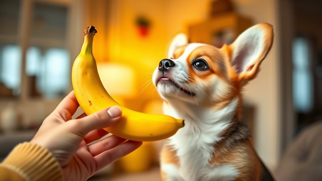 can dogs eat bananas -
Photorealistic small Corgi puppy looking up at a banana being held by human han
