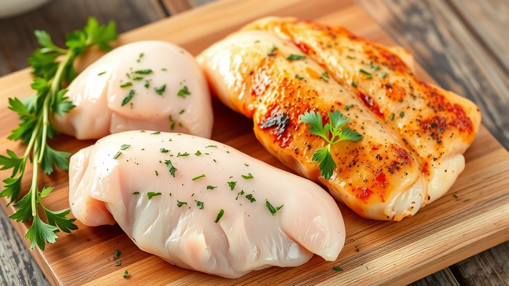 can dogs eat chicken -
Photorealistic image of raw and cooked chicken breasts on a wooden cutting boar