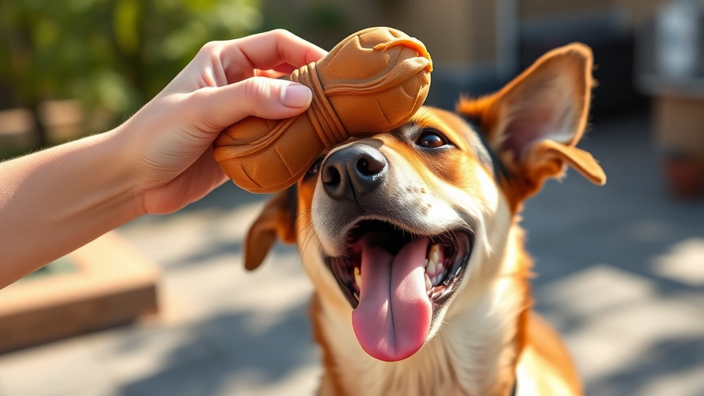 can dogs eat peanut butter -
Photorealistic Kong toy stuffed with peanut butter being held over a happy dog&