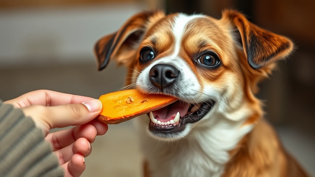 can dogs eat sweet potatoes -
Photorealistic image of a small dog happily eating a piece of plain cooked swee