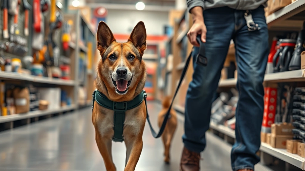 can i bring my dog into home depot -
Photorealistic image of a service dog in a harness walking alongside a person i