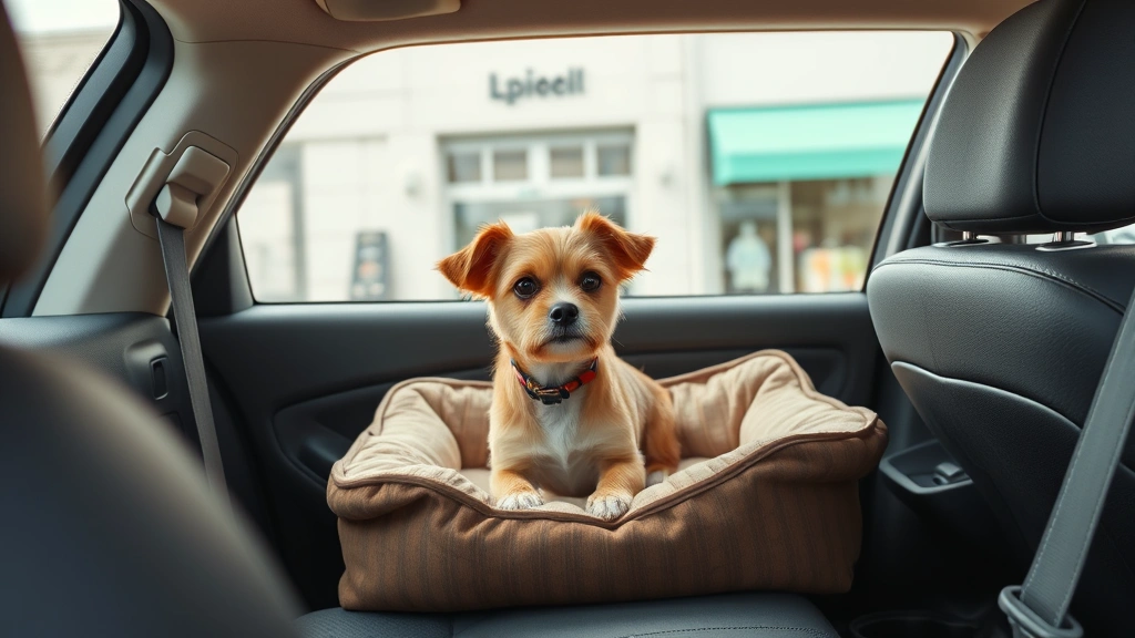 can i bring my dog into home depot -
Photorealistic image of a small dog in a car backseat with a comfortable pet be