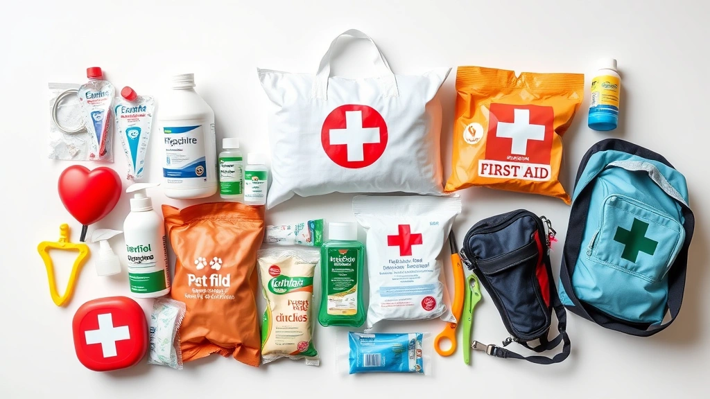 can i put neosporin on my dog -
Photorealistic image of various pet first aid supplies arranged on a clean whit