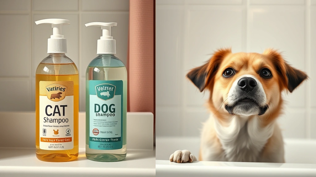 can you use cat shampoo for dogs -
Photorealistic side-by-side comparison showing a bottle of cat shampoo and a bo